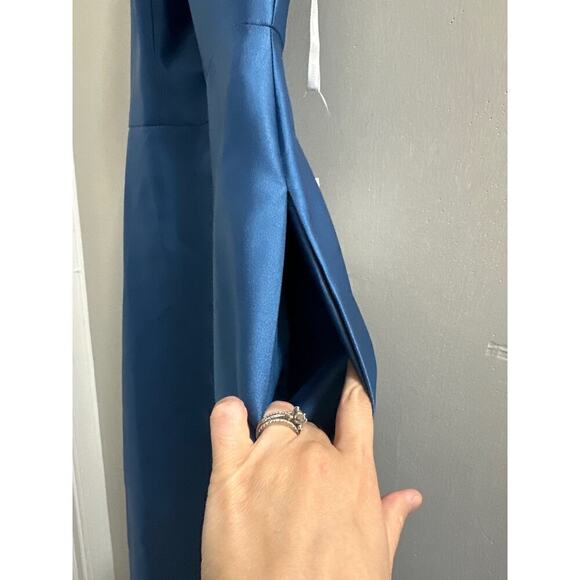 🔴
D772 by Alfred Sung HIGH-NECK SATIN DRESS WITH POCKETS Blue - Picture 5 of 8